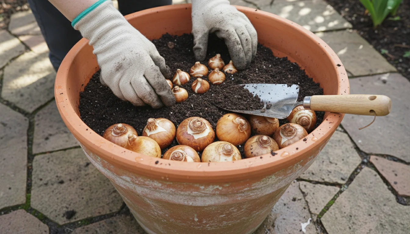 Gloved hands carefully layer different sized daffodil and tulip bulbs into a wide terracotta pot on a small patio, showing the 'lasagna' planting meth