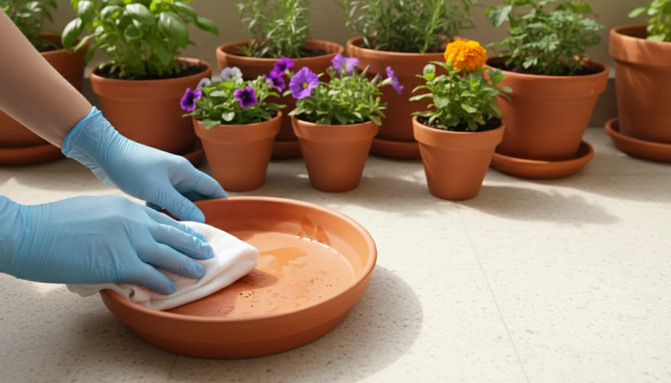 Gloved hands meticulously wiping a terracotta plant saucer clean on a tidy balcony floor, with blurred potted plants in the background.