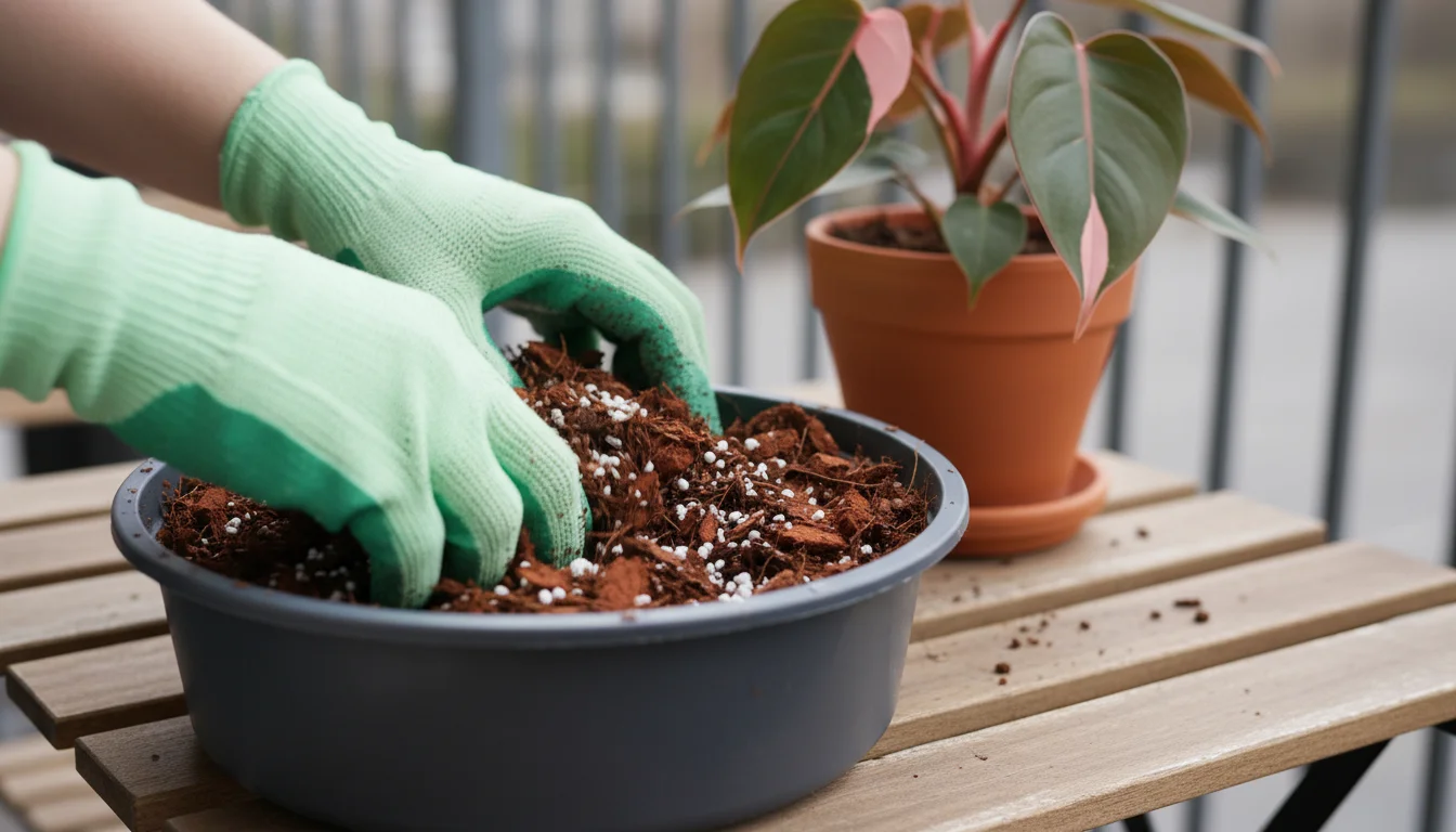 Gloved hands mix coco coir, orchid bark, and perlite in a small tub on a balcony table, with a rare Philodendron 'Pink Princess' blurred in background