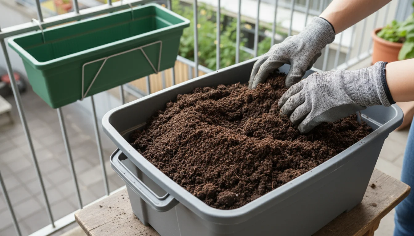 Gloved hands mix damp, dark brown potting mix in a tub on a balcony, preparing to fill a vibrant green railing planter in soft light.