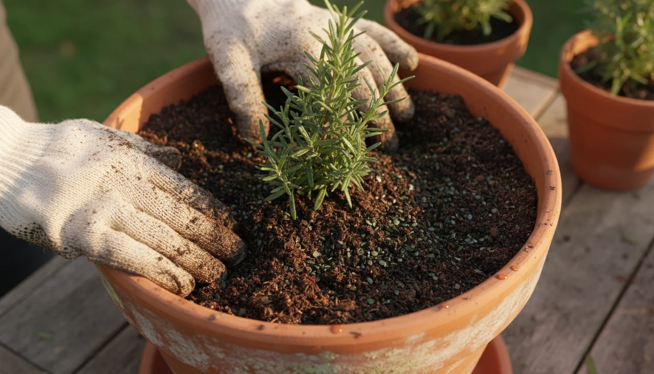 Gloved hands gently mix dark compost and granular kelp meal into the topsoil of a terracotta container with a compact rosemary plant on an urban balco