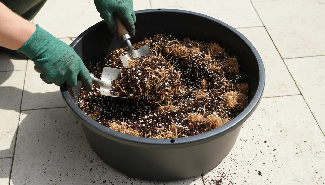 Gloved hands mix dark compost, light coir, and white perlite in a large plastic tub on a clean patio, building potting mix for containers.
