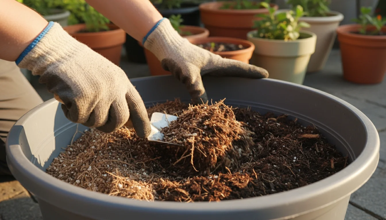 Gloved hands mix used potting mix with fresh compost in a large grey tub on a sunlit patio, blurred container plants visible.