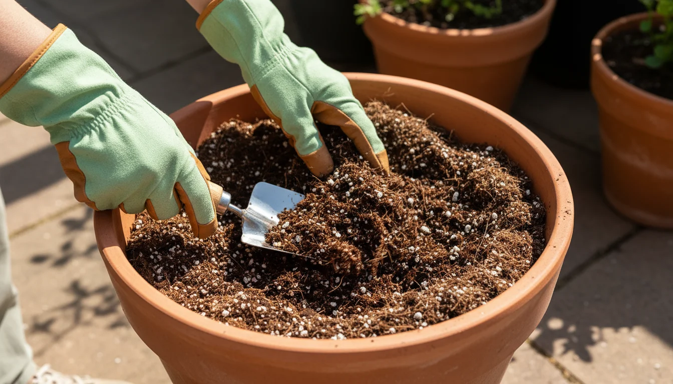Close-up of gloved hands mixing dark, airy peat-free potting mix with white perlite and coco coir in a terracotta pot on a sunny patio.
