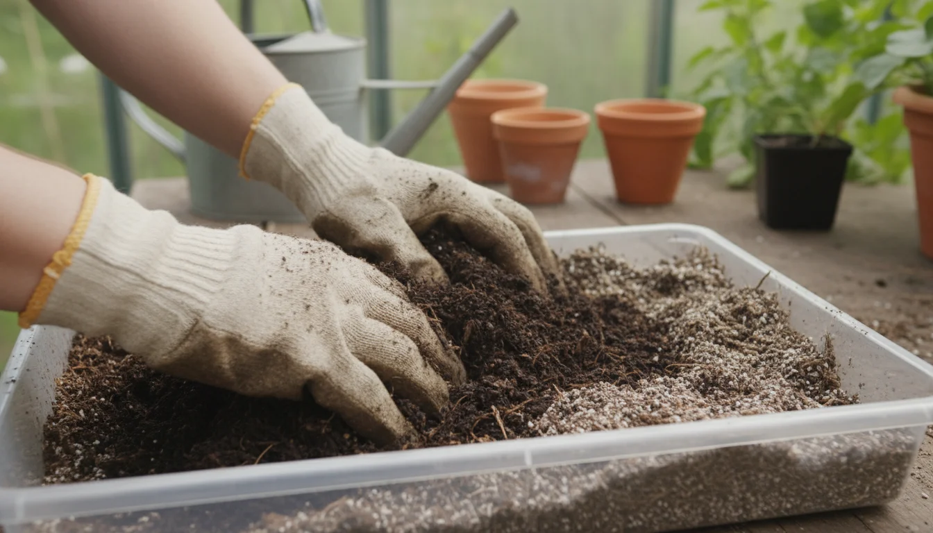 Gloved hands mixing dark compost into lighter, used potting mix in a tray on a sunny balcony.