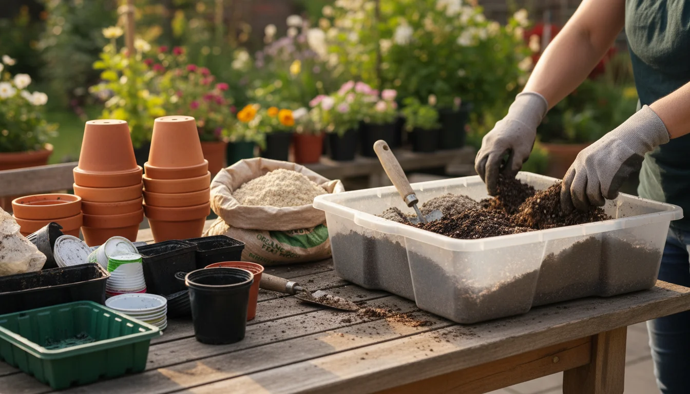 Gloved hands mixing dark compost with old potting soil in a bin, surrounded by stacks of clean, reused terracotta and plastic pots on a patio.