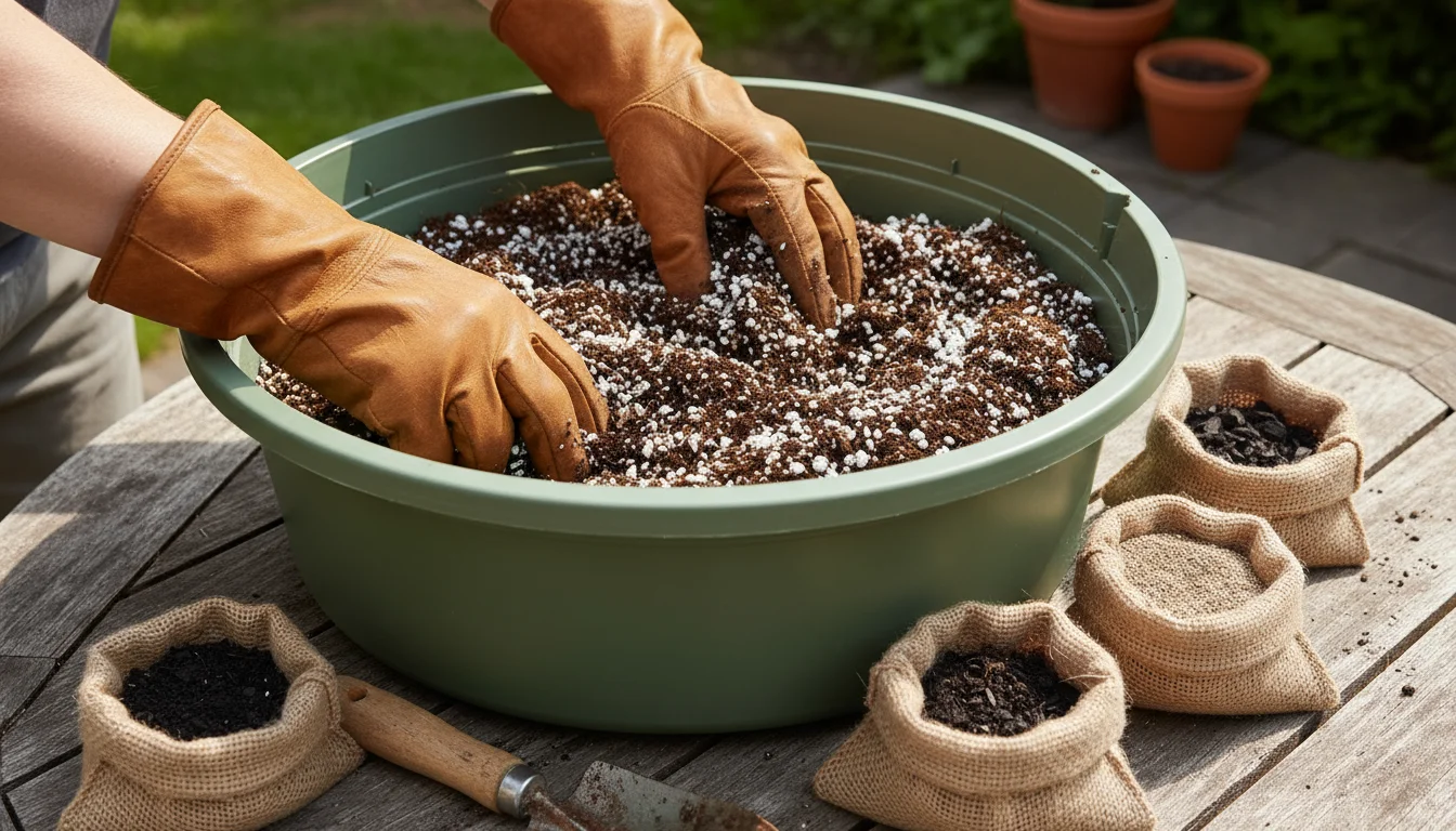 Gloved hands mixing dark compost and white perlite into used potting soil in a plastic tub on a wooden patio table.