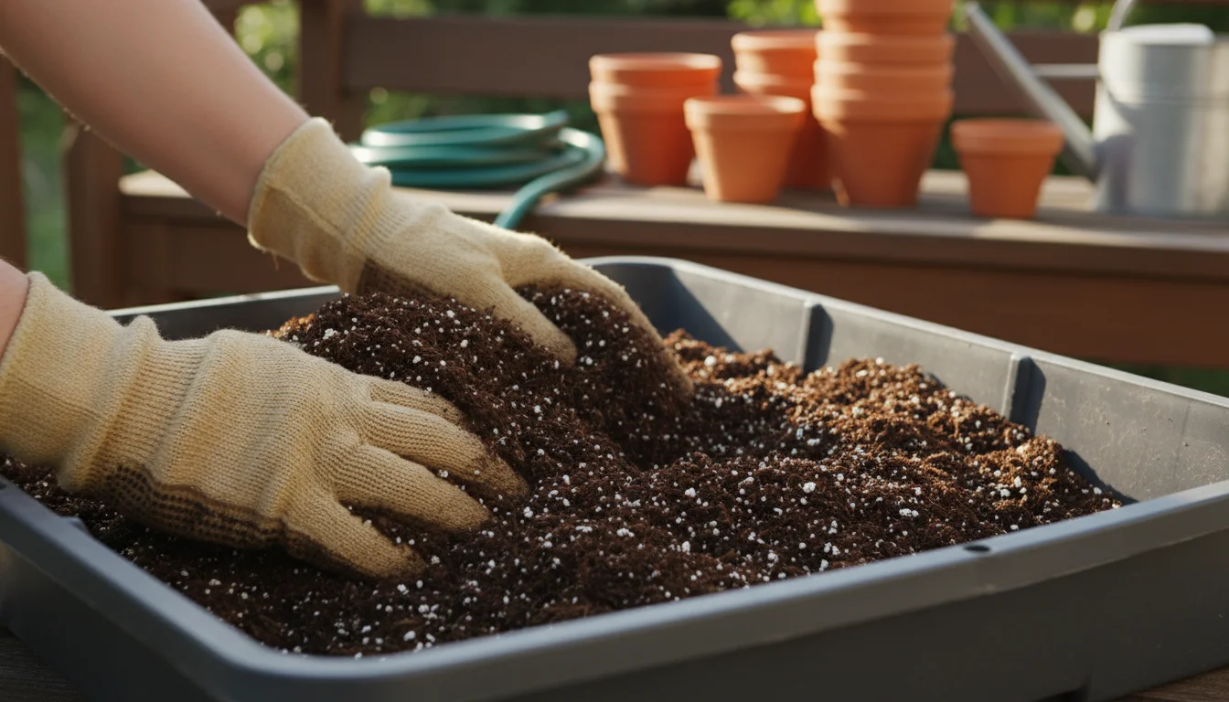 Close-up of gloved hands mixing dark, light, and airy potting mix in a shallow grey tray, emphasizing its quality.