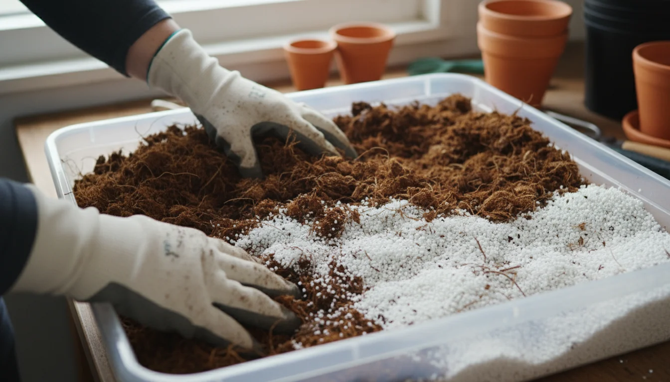 Close-up of gloved hands mixing dark peat moss, light coir, and white perlite in a planting tray for container gardening.