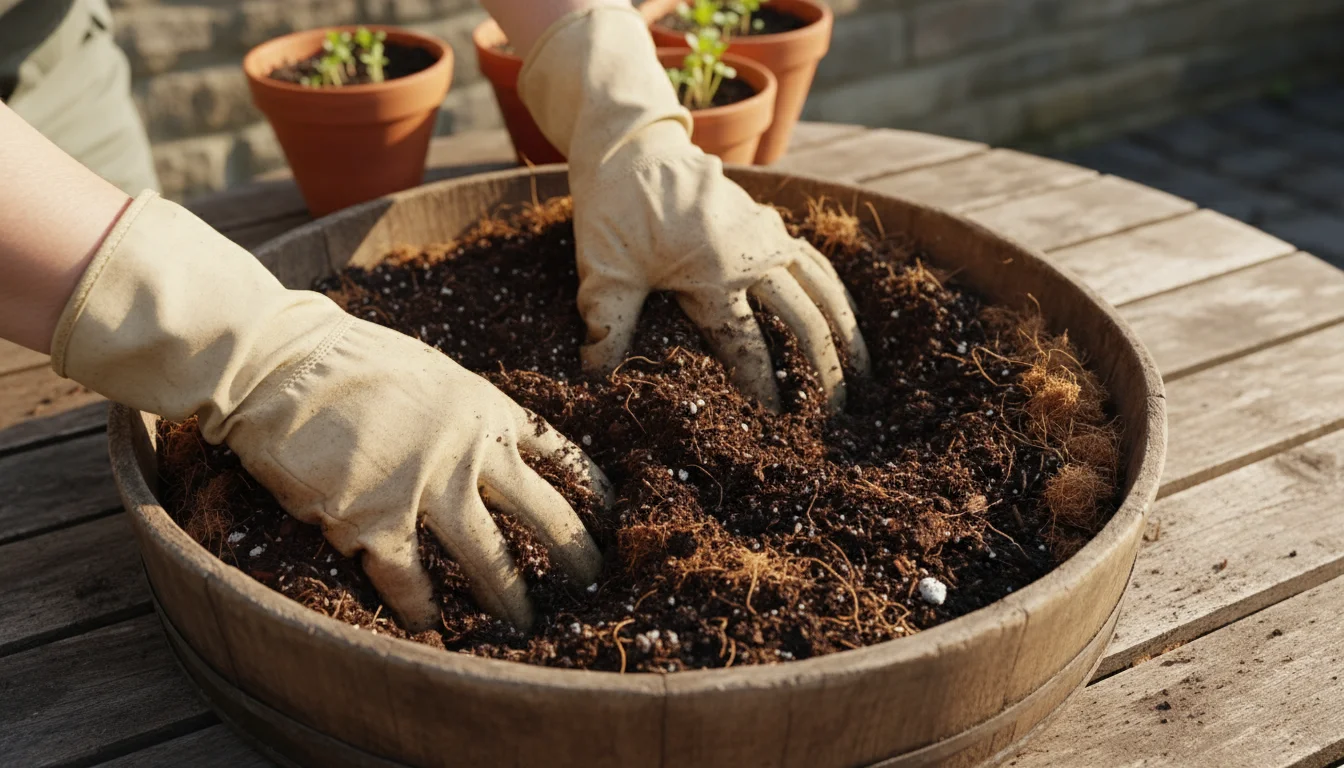 Close-up of gloved hands mixing dark potting soil with visible fibrous coconut coir and rich compost in a wooden trug on a patio table.