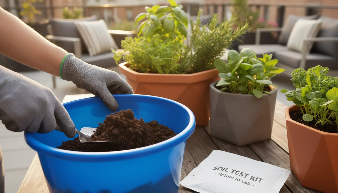 Gloved hands mixing dark soil in a blue bucket on a sunlit patio with container plants and a soil test bag.