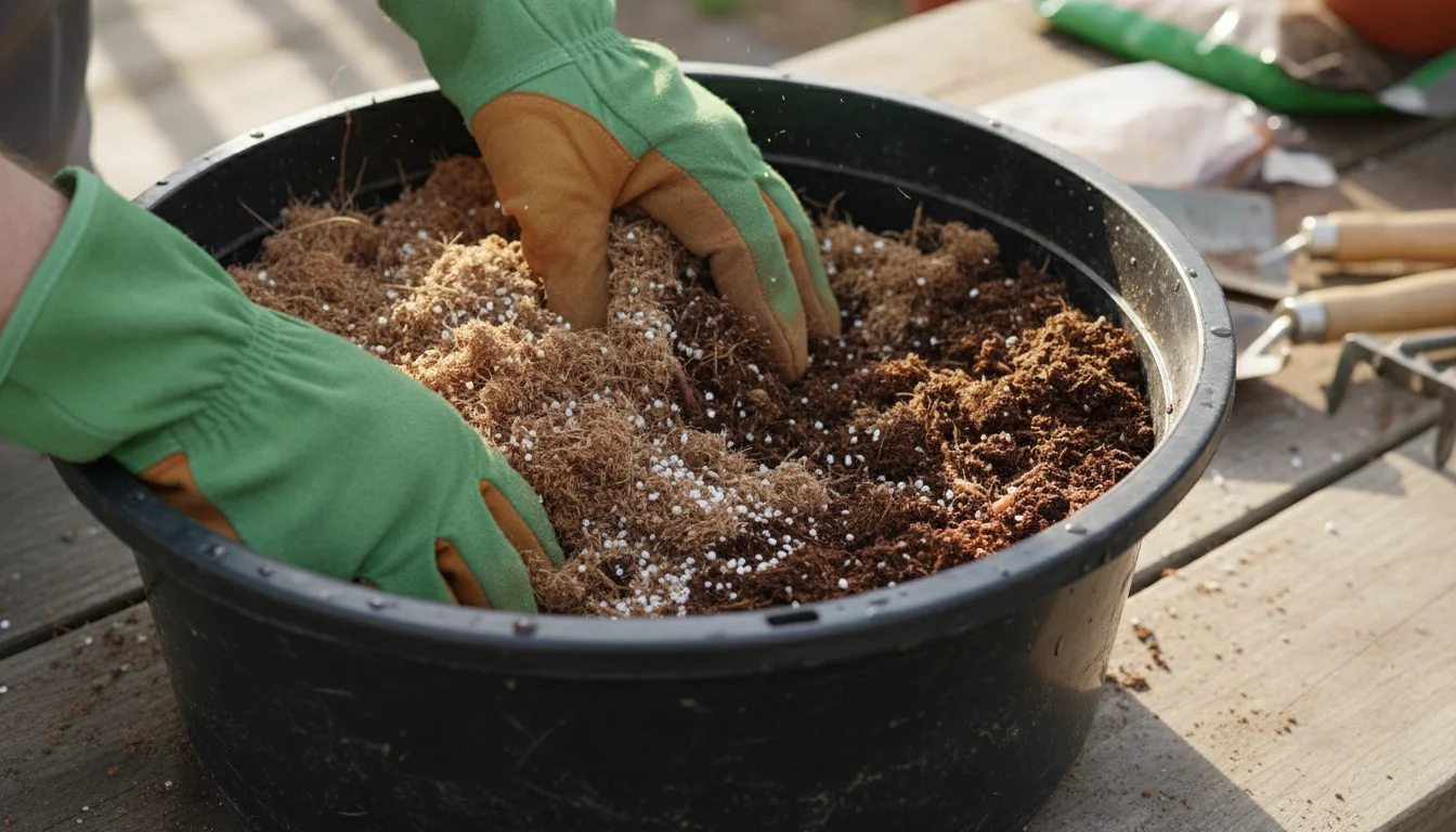 Close-up of gloved hands mixing light brown coir, white perlite, and dark compost in a plastic tub.