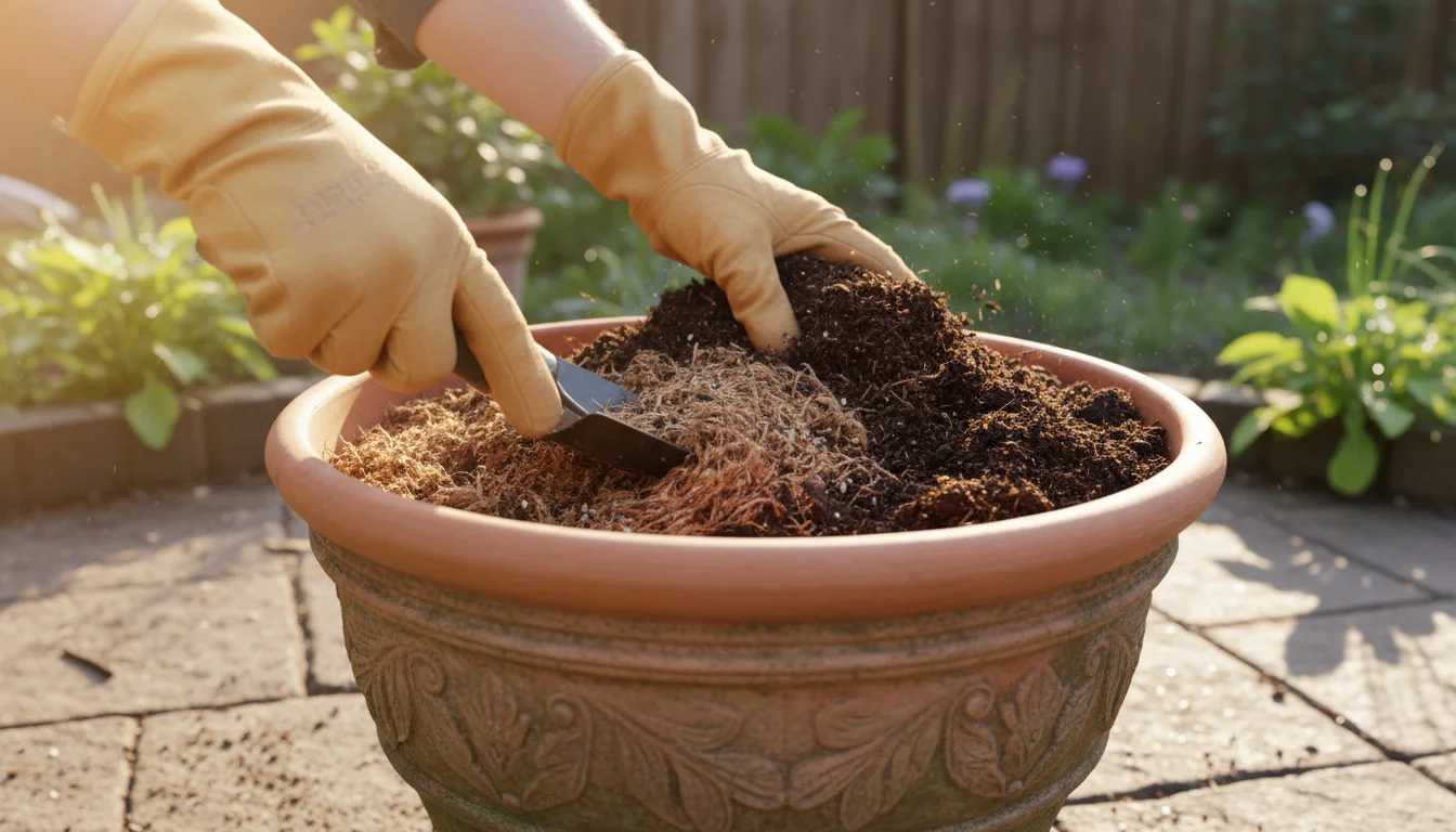 Gloved hands gently mixing rich, dark compost into a lighter potting mix inside a large terracotta pot on a warm patio, surrounded by blurred containe