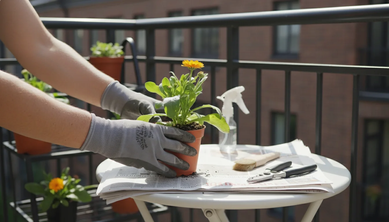 Gloved hands carefully moving a small potted calendula plant, with light mildew, onto newspaper on a balcony table. Pruners, a waste bag, spray bottle