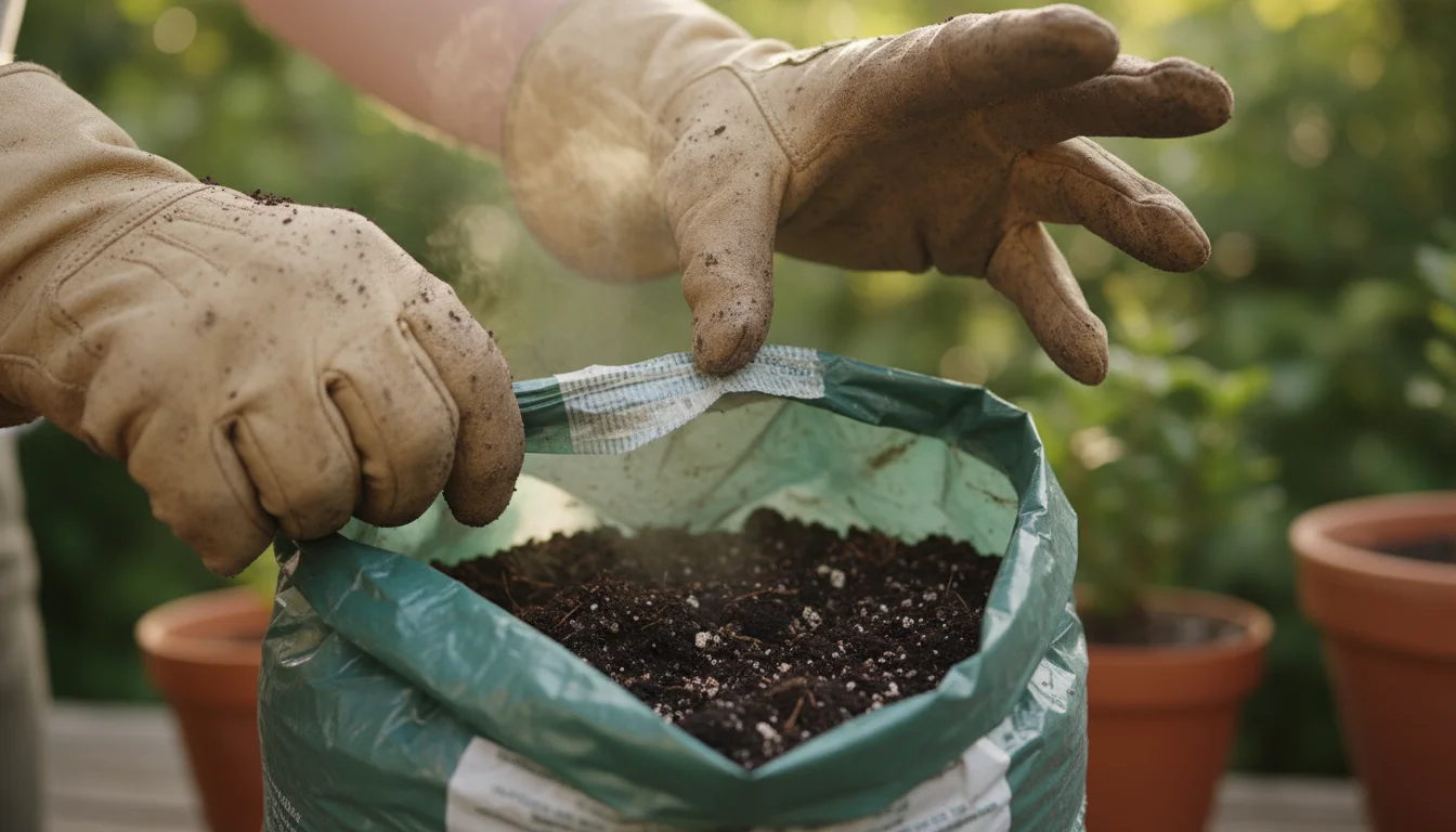 Gloved hands carefully open a partially used bag of dark potting mix, one hand subtly recoiling as if from an unpleasant smell.
