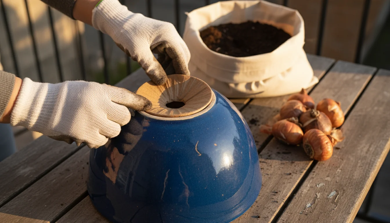 Gloved hands place a coffee filter over the drainage hole of a blue ceramic pot on a balcony table, with potting mix and bulbs nearby.