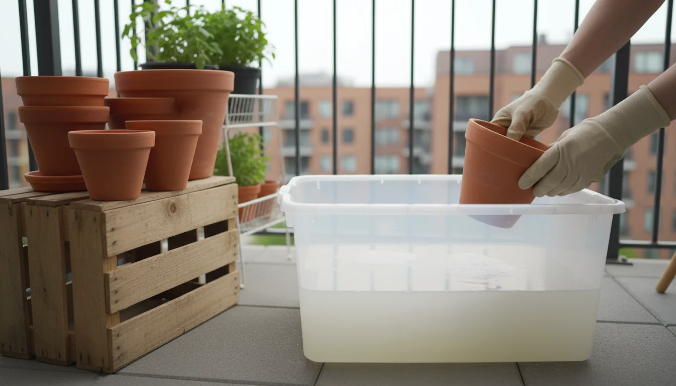 Gloved hands carefully place an empty terracotta pot into a tub filled with disinfectant solution, with other pots already soaking.