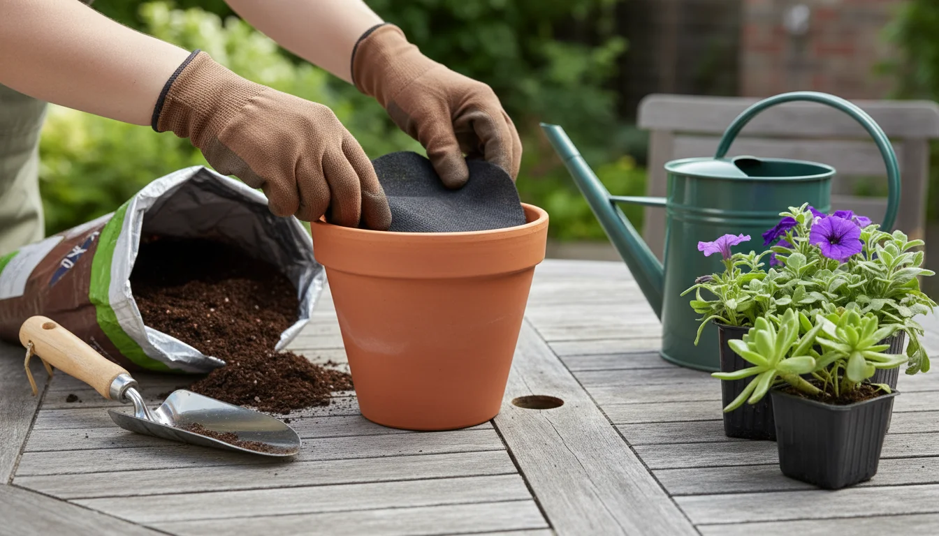 Gloved hands place landscape fabric over a terracotta pot's drainage hole, surrounded by potting mix, trowel, watering can, and plants on a patio tabl