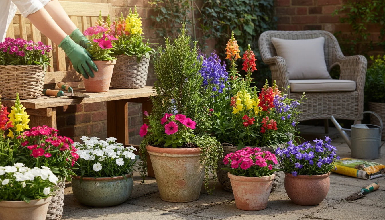 Gloved hands plant a vibrant pink petunia into a terracotta pot with rosemary and thyme on a sunny patio, surrounded by diverse spring container plant