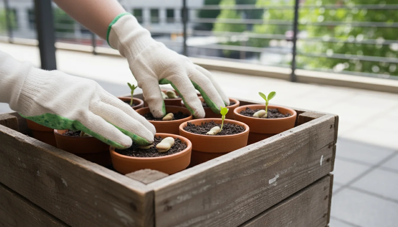 Gloved hands planting fava bean seeds in small terracotta pots on a patio, with tiny fava bean sprouts emerging in nearby pots.