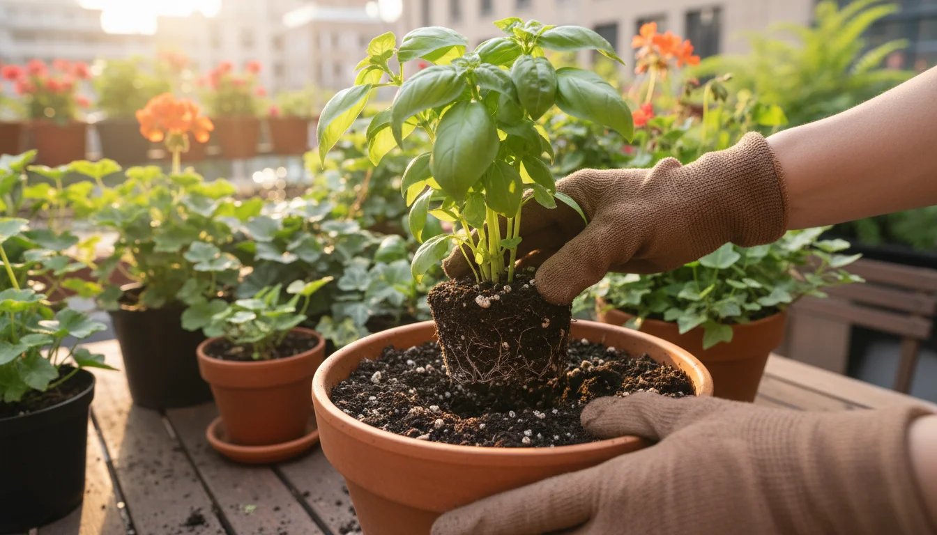 Gloved hands planting a vibrant herb into rich, dark, crumbly compost-amended soil in a terracotta pot on a sunny patio.
