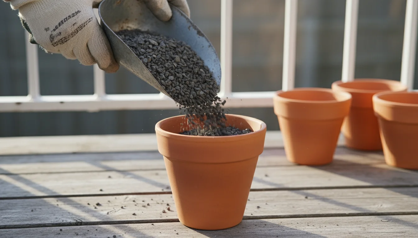 Gloved hands pour dark gravel from a scoop into a terracotta pot on a wooden balcony floor, preparing it for planting.