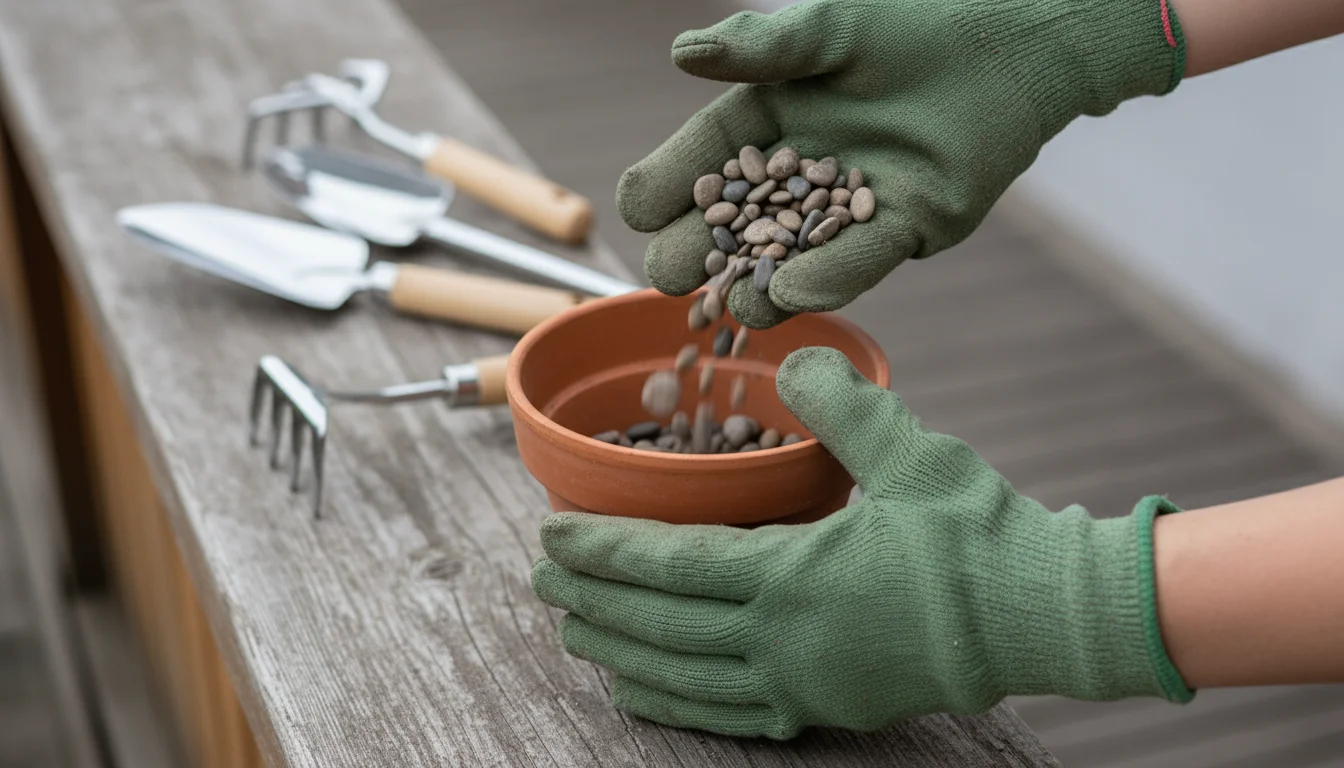 Gloved hands pour gray pebbles into an empty terracotta pot, with pruners and other planters in the background.