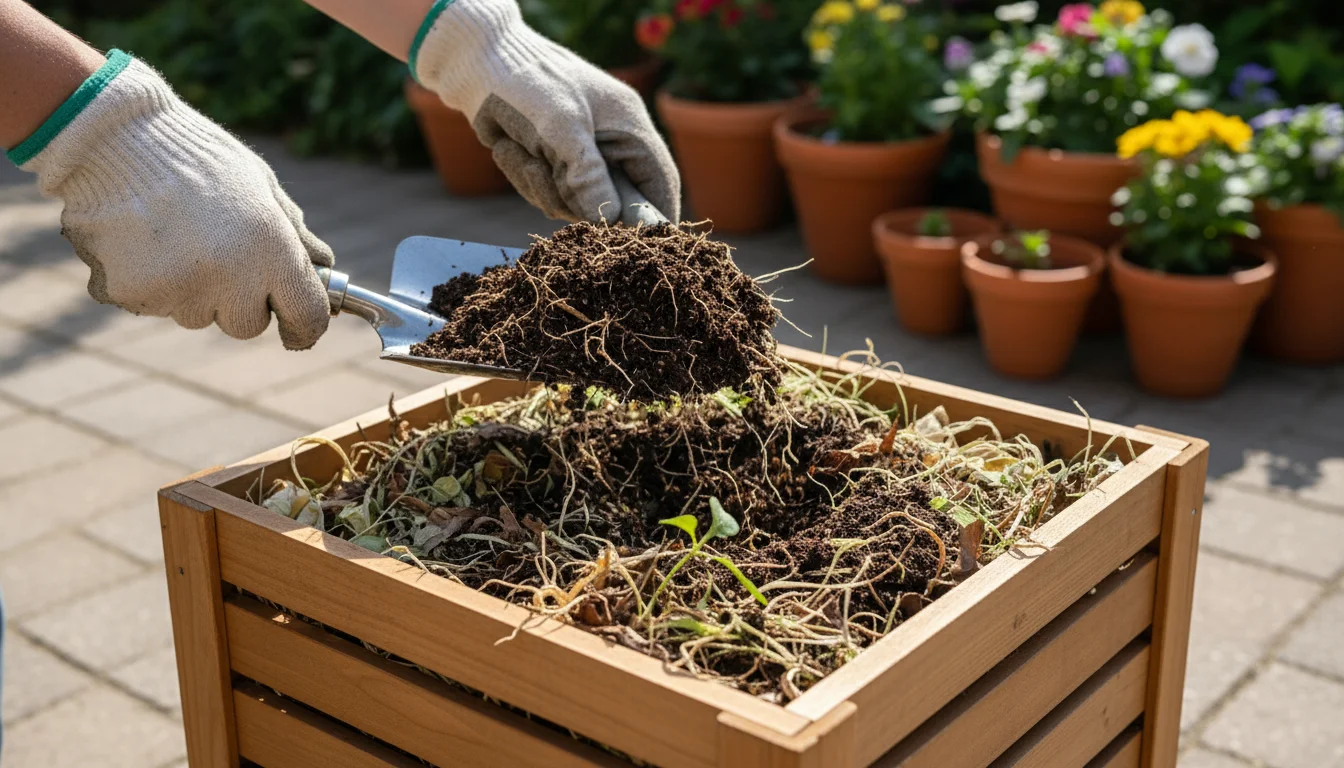 Gloved hands gently pour spent potting mix, containing old root fragments, from a trowel into a small wooden patio compost bin.