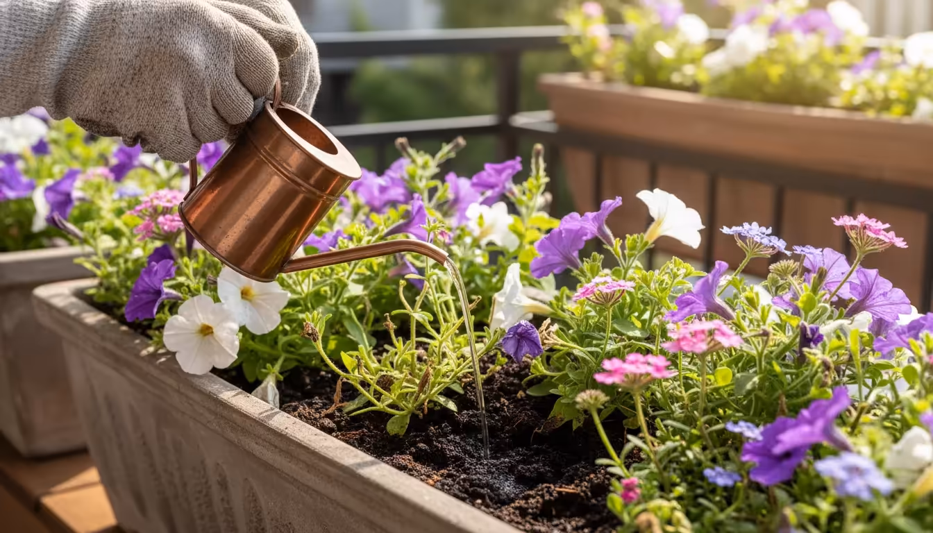 Close-up of gloved hands pouring amber liquid plant food from a watering can into a rectangular balcony planter with petunias and verbena, bathed in s