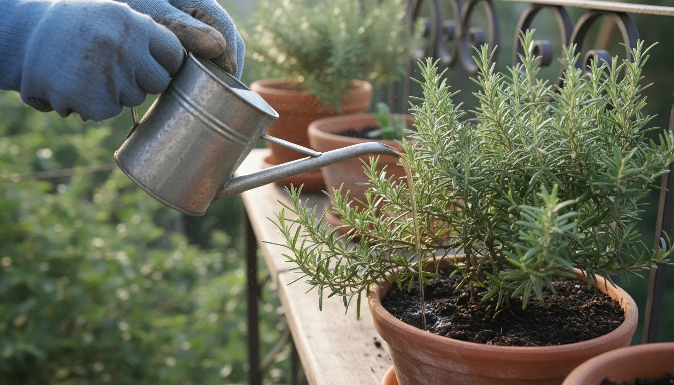 Close-up of gloved hands carefully pouring liquid fertilizer into the soil of a potted rosemary plant on a wooden balcony shelf.