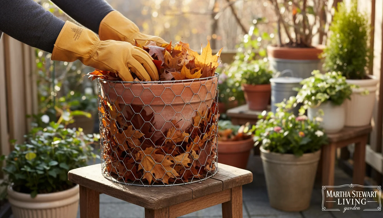 Gloved hands press dry autumn leaves into a chicken wire cylinder surrounding a terracotta pot on a patio.