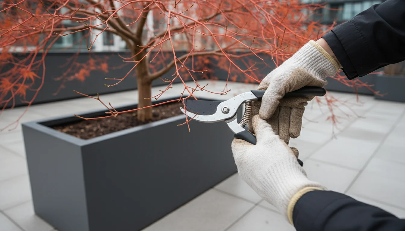 Gloved hands carefully prune a dead twig from a dormant Coral Bark Japanese Maple in a container on a patio.