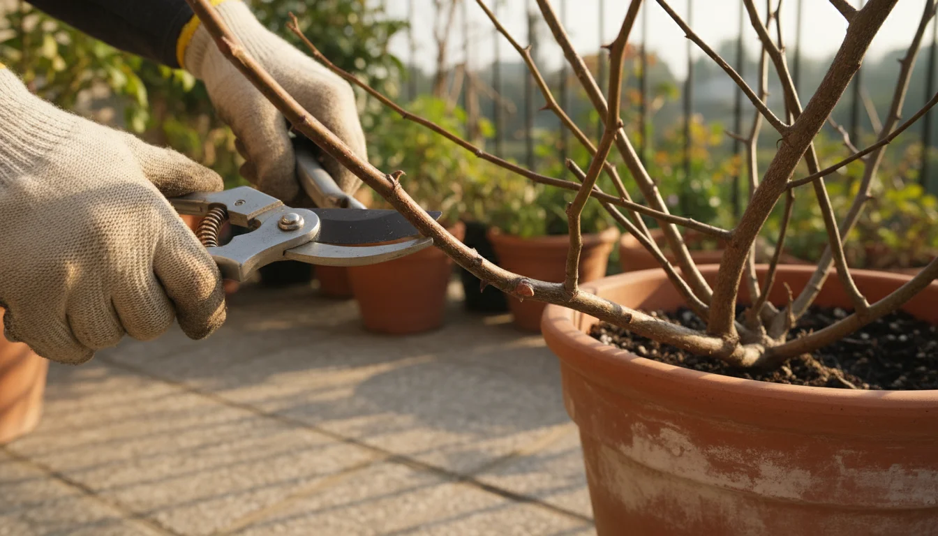 Gloved hands prune a dormant climbing rose in a terracotta pot, making a precise cut above an outward-facing bud on a patio.