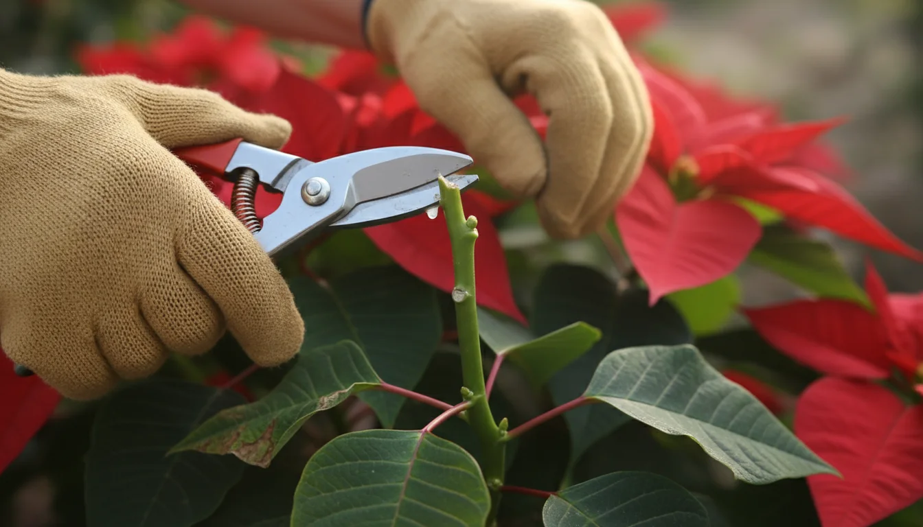Gloved hands prune a poinsettia stem with bypass pruners, making a clean cut just above a leaf node on a terracotta-potted plant on a patio table.