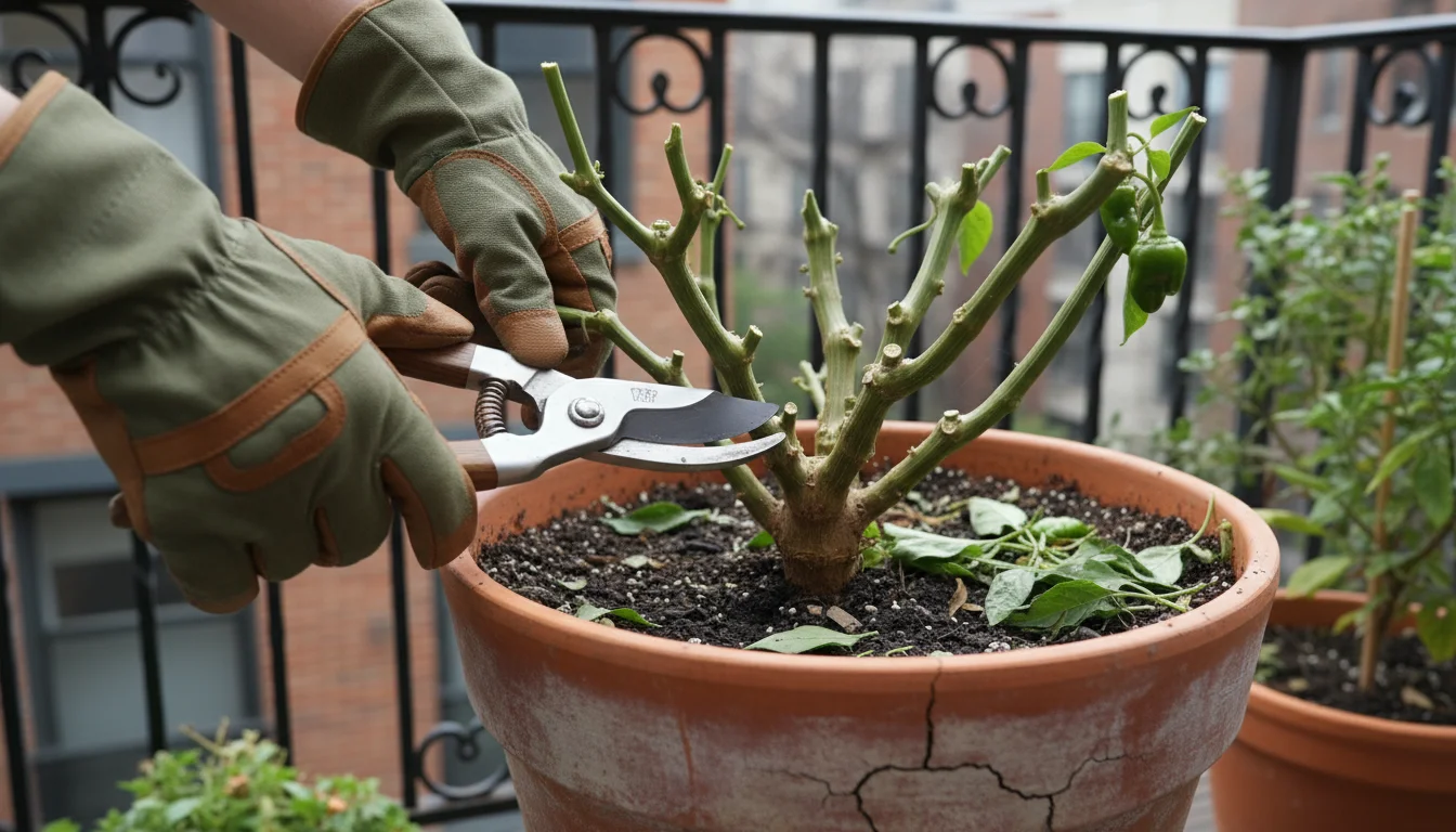 Gloved hands pruning a pepper plant in a terracotta pot on a wooden balcony deck, with trimmed leaves scattered nearby.