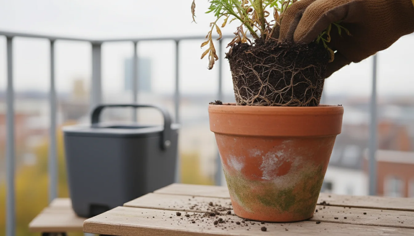 Gloved hands pull dried plant stems and root ball from a terracotta pot on a balcony. A small composting bin is in the blurred background.