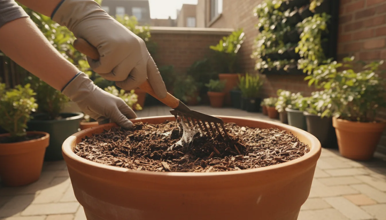 Gloved hands rake mulch in a terracotta pot, revealing white fungal growth, on a small urban patio with other container plants.