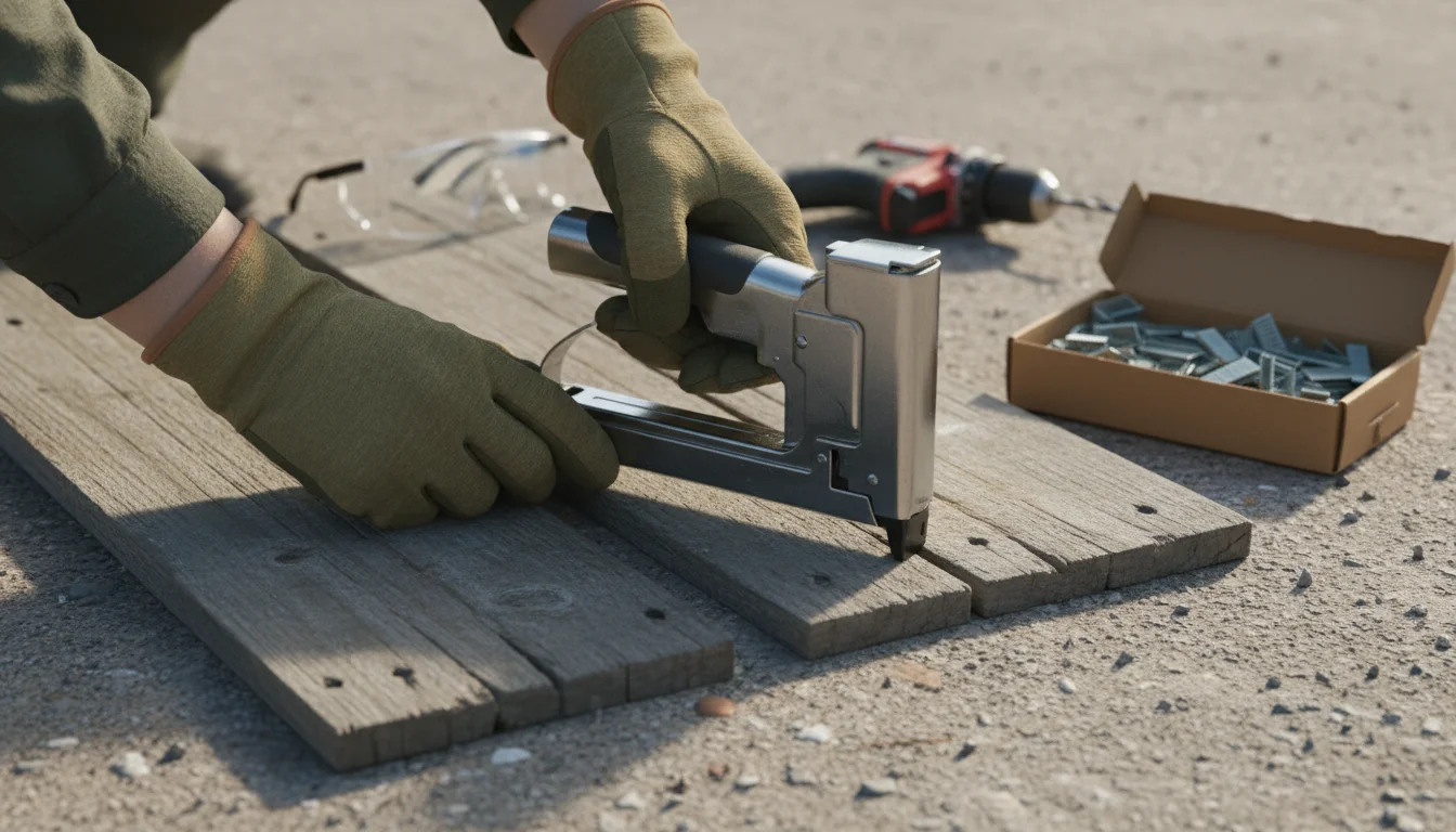 Gloved hands reaching for a heavy-duty staple gun, with safety glasses, a drill, and staples visible on a weathered pallet board.