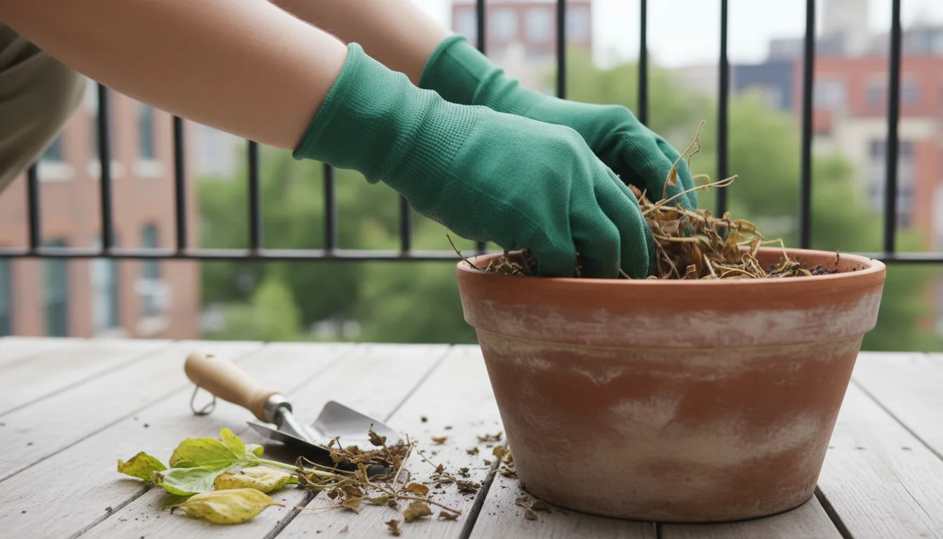 Gloved hands carefully remove dried, slightly discolored basil leaves from a terracotta pot on a worn wooden balcony floor.