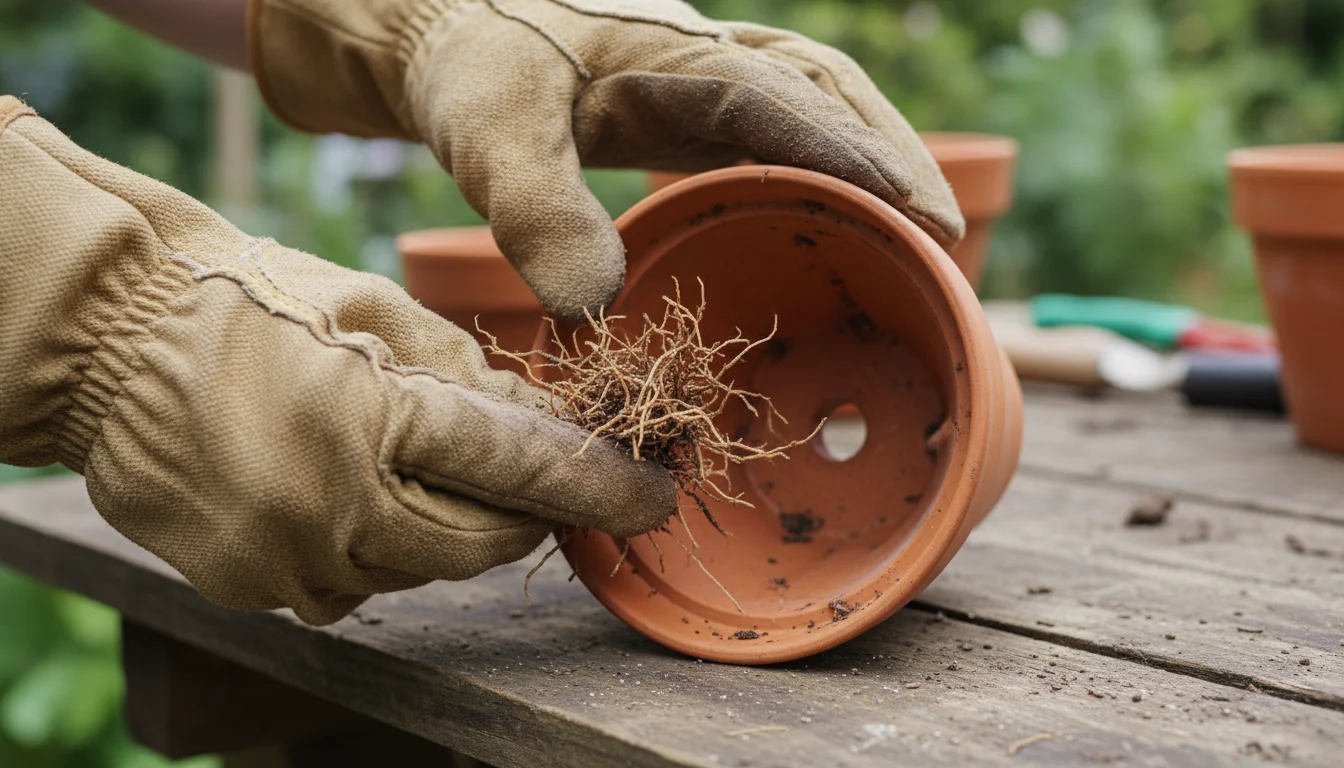 Gloved hands remove dried roots from a terracotta pot's drainage hole on a weathered wooden surface.