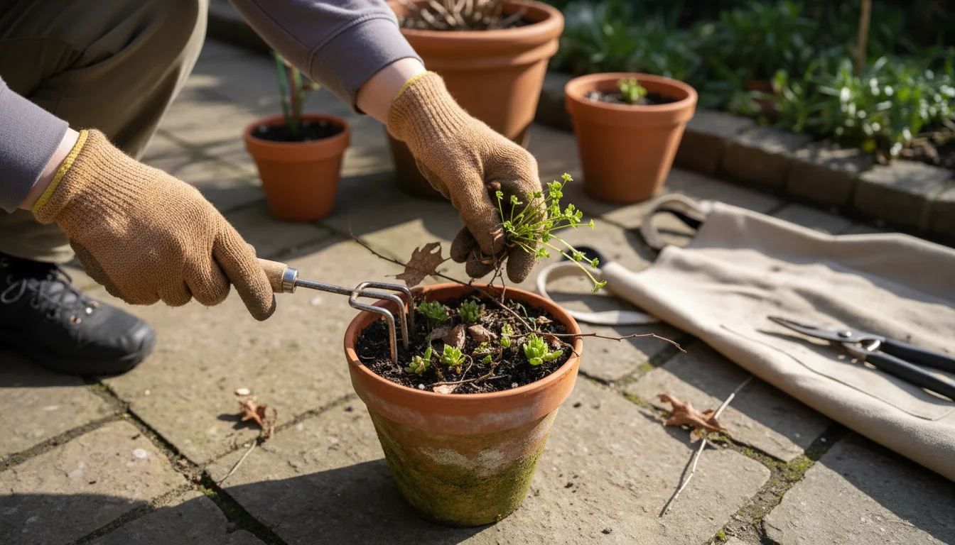 Gloved hands remove small weeds and old winter debris from around a compact perennial in a terracotta pot on a patio, early spring.