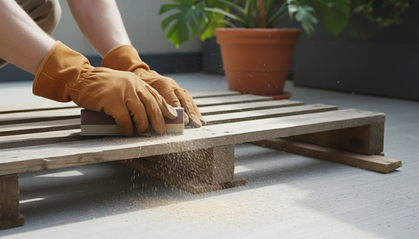 Close-up of gloved hands sanding a weathered wooden pallet on a concrete patio, preparing it for a vertical garden project.