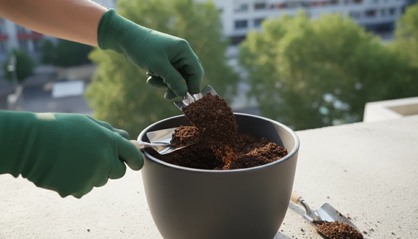 Gloved hands scoop dark potting mix into a partially filled charcoal-grey ceramic pot on a balcony floor, demonstrating headroom.