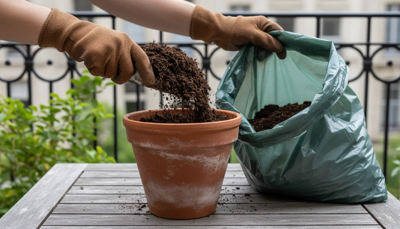 Gloved hands scoop dark, used potting soil from a terracotta pot into a sturdy waste bag on a weathered patio table.