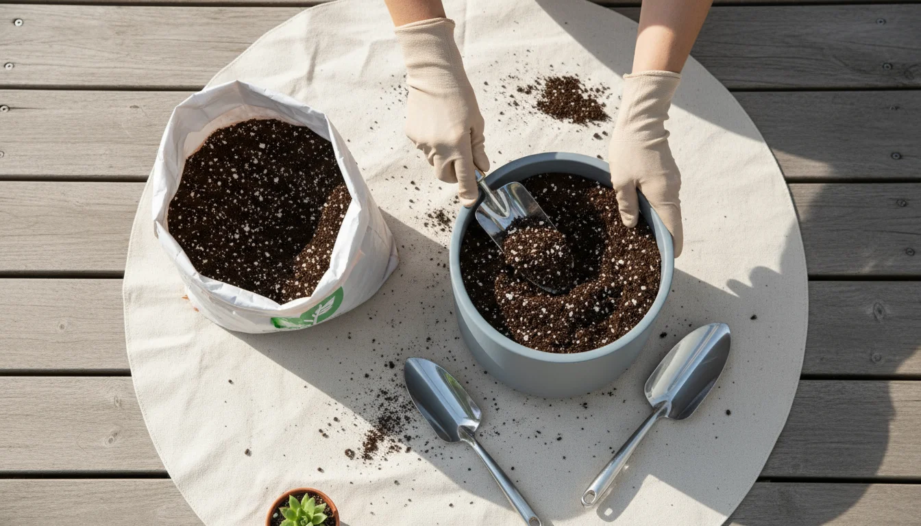 Gloved hands scoop fresh, dark, perlite-rich potting mix from a bag into a ceramic planter on a clean patio surface.