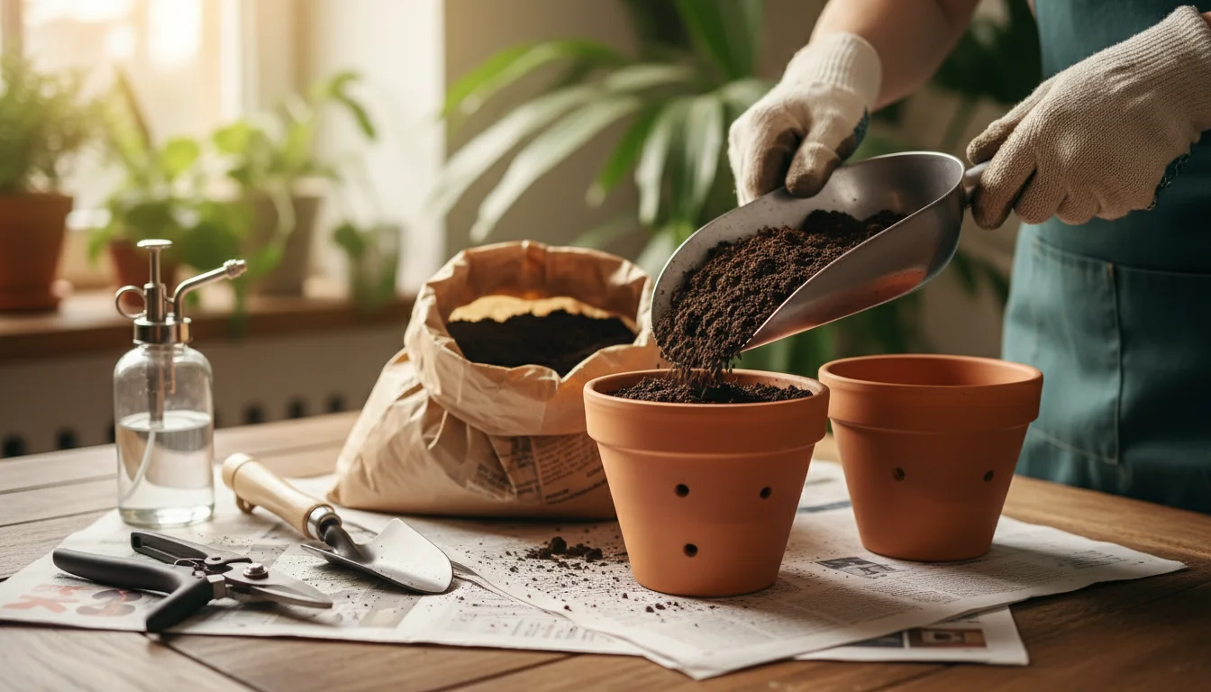 Gloved hands scoop fresh potting mix into a terracotta pot, surrounded by tools and a small houseplant on a newspaper-covered table.