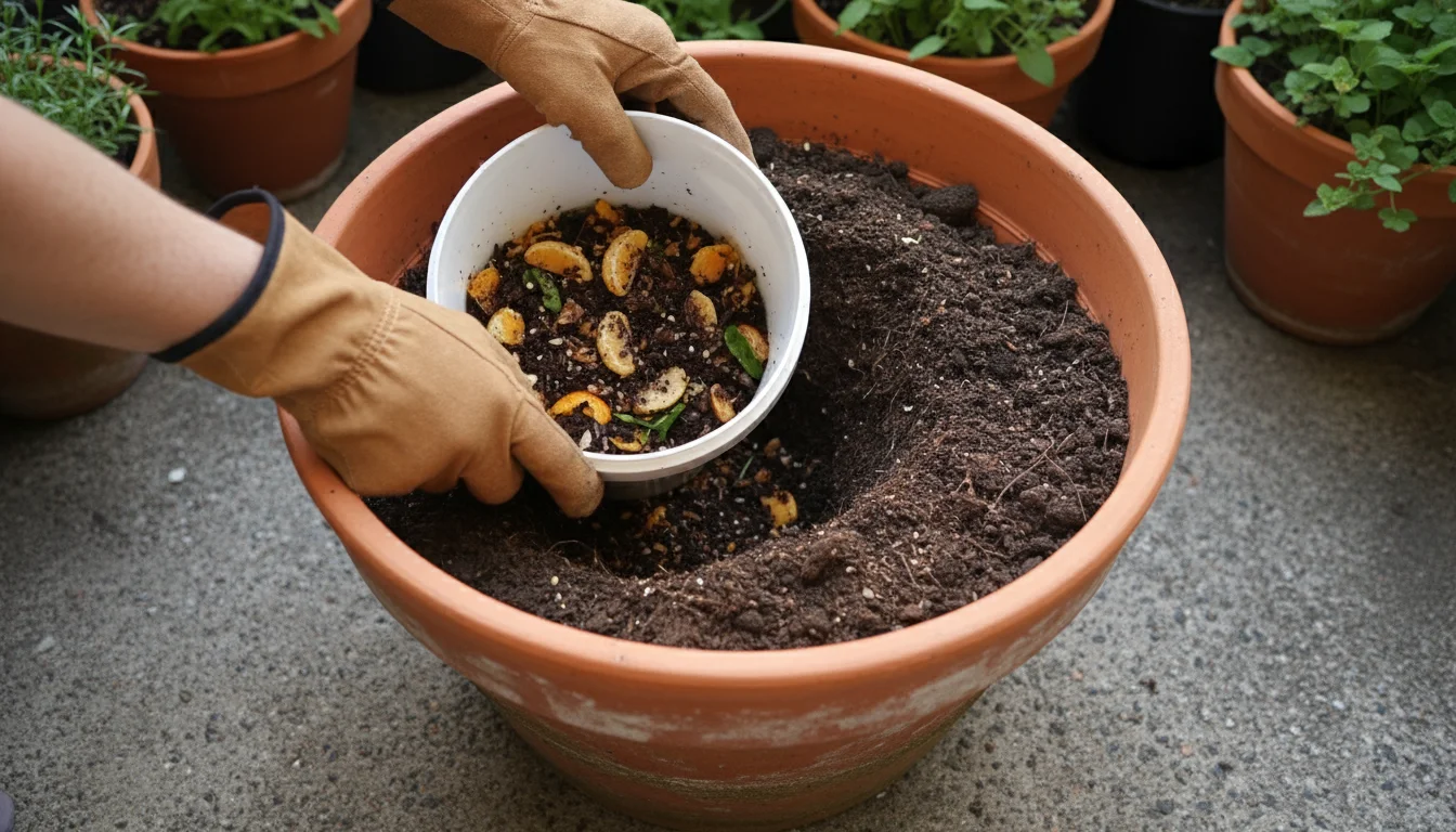 Gloved hands scoop pickled food scraps from an open bokashi bucket into a large terracotta patio planter. Pre-compost is clearly visible.
