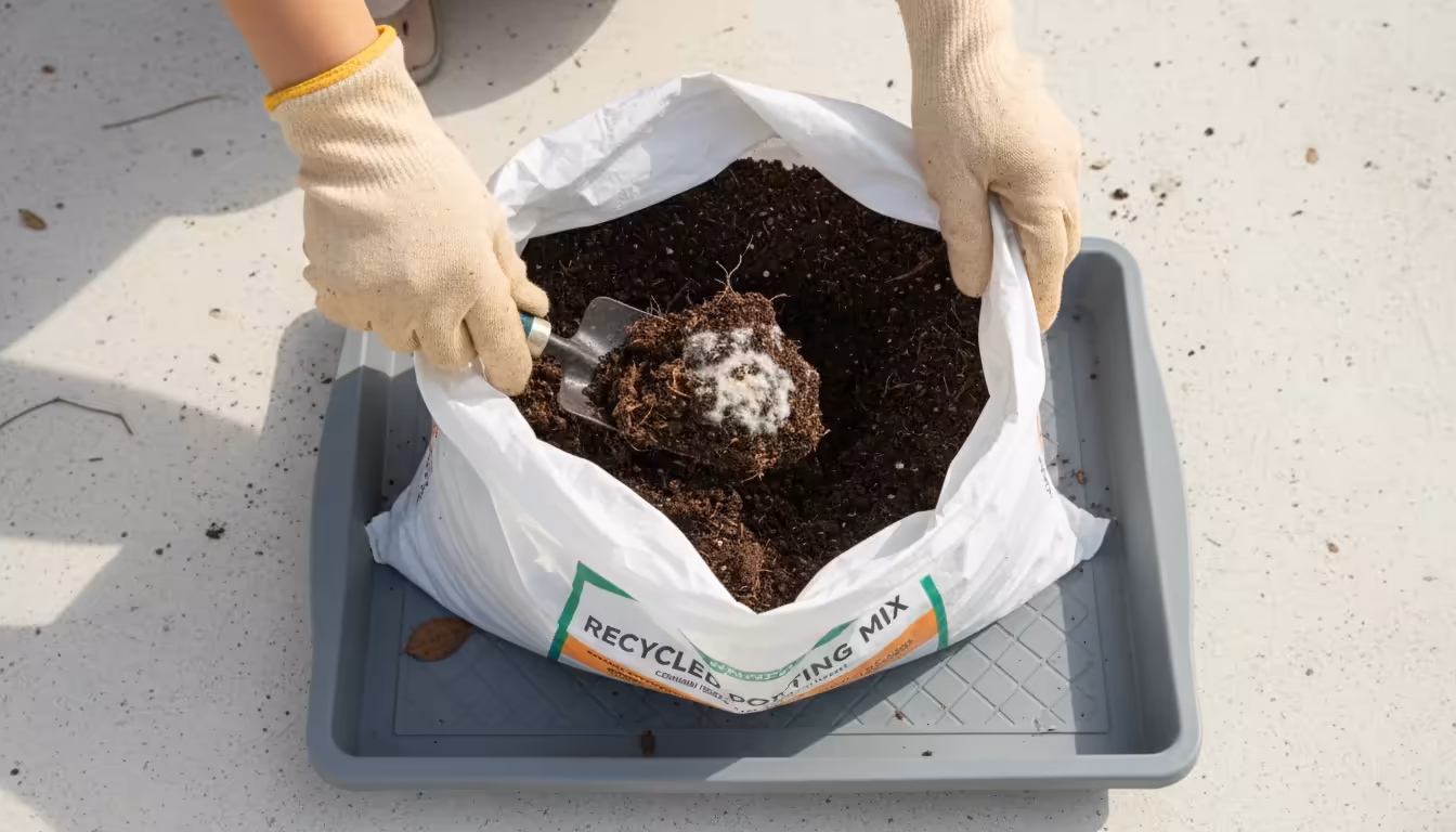 Overhead view: Gloved hands scoop used potting mix from a bag onto a tray, revealing a small patch of fuzzy white mold.