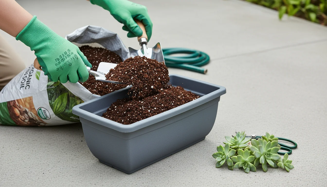 Gloved hands scooping potting mix into a modern grey planter with a trowel, a 'Pollinator Mix' seed packet, and a sage green watering can nearby on a 