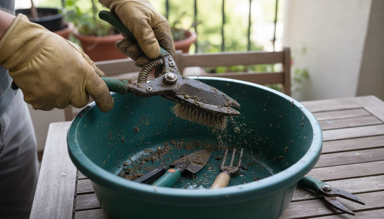 Gloved hands scrape dried mud and plant sap from dirty pruning shears with a wire brush over a wash basin.